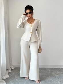 Elenzga Conjunto de 2 piezas de talla grande con chaleco de cuello en V de unicolor y pantalón ancho de manga larga informal, conjunto de pantalones blancos de 2 piezas para mujer, conjunto de pantalones elegante de 2 piezas para mujer, conjunto de pantalones de 2 piezas elegante para mujer, conjunto de 2 piezas blanco para mujer, conjunto de pantalones blancos de 2 piezas para mujer, conjunto de 2 piezas blanco elegante para mujer