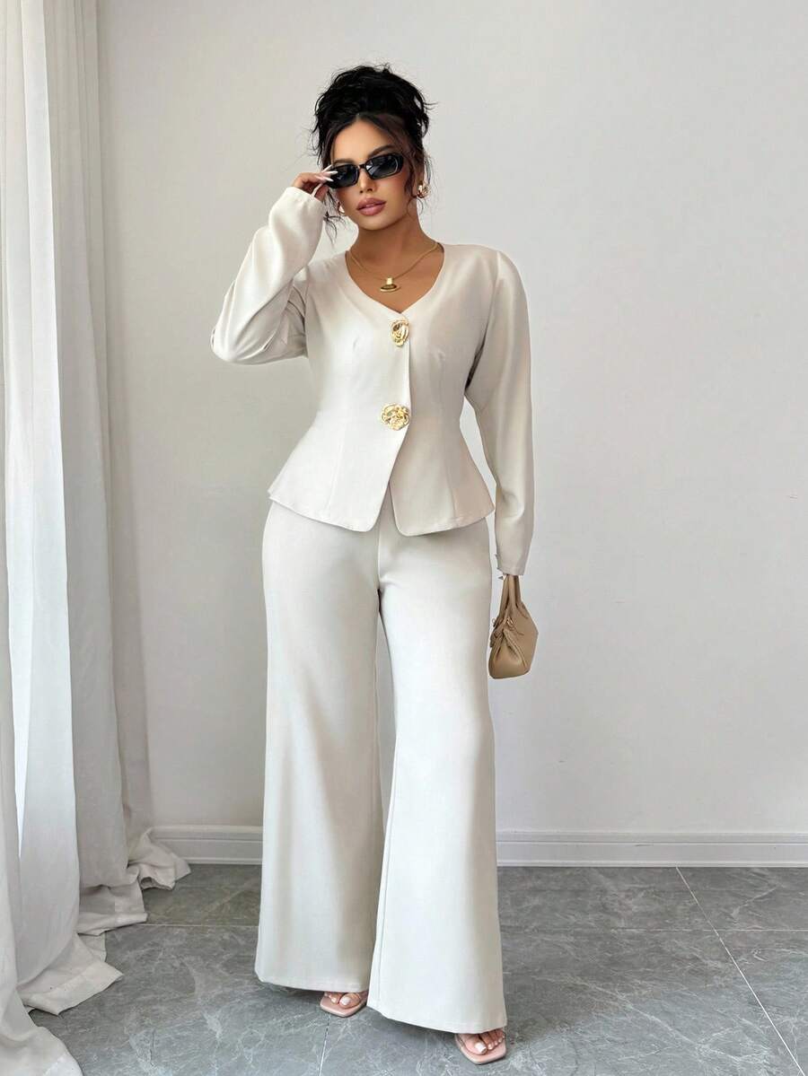 Elenzga Conjunto de 2 piezas de talla grande con chaleco de cuello en V de unicolor y pantalón ancho de manga larga informal, conjunto de pantalones blancos de 2 piezas para mujer, conjunto de pantalones elegante de 2 piezas para mujer, conjunto de pantalones de 2 piezas elegante para mujer, conjunto de 2 piezas blanco para mujer, conjunto de pantalones blancos de 2 piezas para mujer, conjunto de 2 piezas blanco elegante para mujer