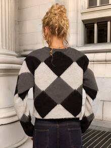 Avantive Fall/Autumn/Back To School/Country Concert/Concert/Going Out/Birthday/Halloween Costumes/Casual/Y2k/2000s/Y2k Y2k/90S/Sexy/Western Wear Women/Boho/Country/Club/Office /Cocktail/Vintage/Rave Festival/Classy/Old Money/Streetwear/Vacation/Country Concert/Work /Modest/Spring Break/Graduation/ Argyle Sweater/ Halloween/Diamond Pattern Crop Sweater Top - Multicolor - View 2