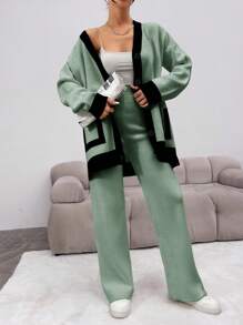 SHEIN Cottnline Ladies' Knitted Two-Piece Set: Contrast Edge Cardigan & Knit Pants - Multicolor - View 4