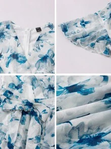 Rafferiza 简约优雅 V 领荷叶边袖春季女式连衣裙 - 藍色 - 查看 10