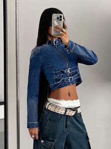 StreetHx Áo khoác denim phong cách Retro Biker Chic có cổ đứng cài nút - Rửa trung bình - Xem 3