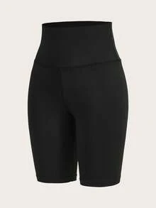 SHEIN EZwear 女士黑色高腰修身短款紧身打底裤，适合夏季 - 黑色 - 查看 6