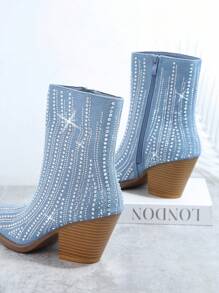 SHUZIA Botas con diseño de diamante de imitación cremallera lateral grueso - Azul - Ver 3