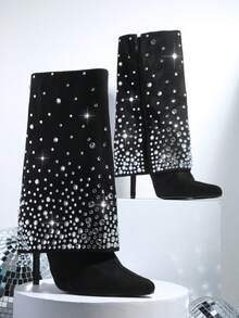 SHUZIA Faux Suede Rhinestone Decor Pointed Toe Stiletto Boots - Black - View 2