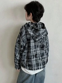 DAZY Tween Boys' Casual Plaid Loose Fit Shirt, Street Style For Autumn Hoodie - Navy Blue - View 8