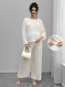 SHEIN Bộ đồ bà bầu đơn giản, áo tay loe màu trơn và quần cạp điều chỉnh - Màu be - Xem 1