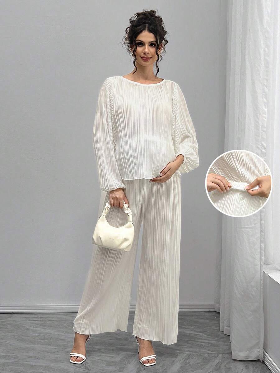 SHEIN Bộ đồ bà bầu đơn giản, áo tay loe màu trơn và quần cạp điều chỉnh - Màu be - Xem 1