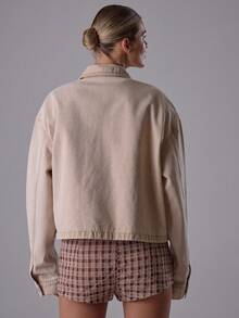 MUSERA 宽松版型翻领拉链长袖牛仔外套，春夏街头风，适合书店、音乐会、节日等场合，返校季、工作、办公室、冬季休闲等各种场合，尽显时尚魅力。 - 米色 - 查看 2