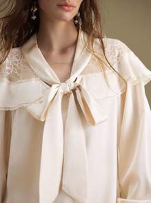 Ontre Women's Contrast Lace Ruffle Tie Collar Long Sleeve Elegant Blouse And Intellectual Female Wedding Guest And Beautiful French Slouchy High-End Sense Of Intelligence And Elegance Old Money Style Cruise Vacation Wear All-Season Modern Vacation Nomadic Casual Fashion All-Match Women's Country Concert Western Style Women's High-End, Elegant, Old-Fashioned Cruise - Apricot - View 5