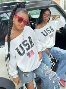 SHEIN 青少年女孩露肩美国国旗和字母印花宽松休闲长袖运动衫母子套装（2 件单独出售） - 白色 - 查看 3