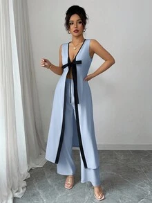 Selianne 时尚优雅年轻女性V领无袖上衣和阔腿裤两件套，休闲街头风格，春夏