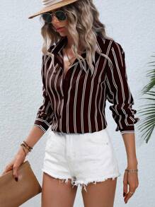 EMERY ROSE Camisa de manga larga con botones y rayas para mujer, adecuada para ir al trabajo en otoño - Café integral - Ver 4