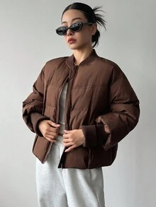 DAZY 纯色罗纹拼接女士棉服外套冬季 - 咖啡棕 - 查看 4