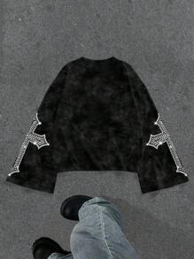 Manfinity Roghcode Camiseta corta de manga acampanada con estampado de estrella de strass, cruz, ojo, estilo callejero - Negro - Ver 5