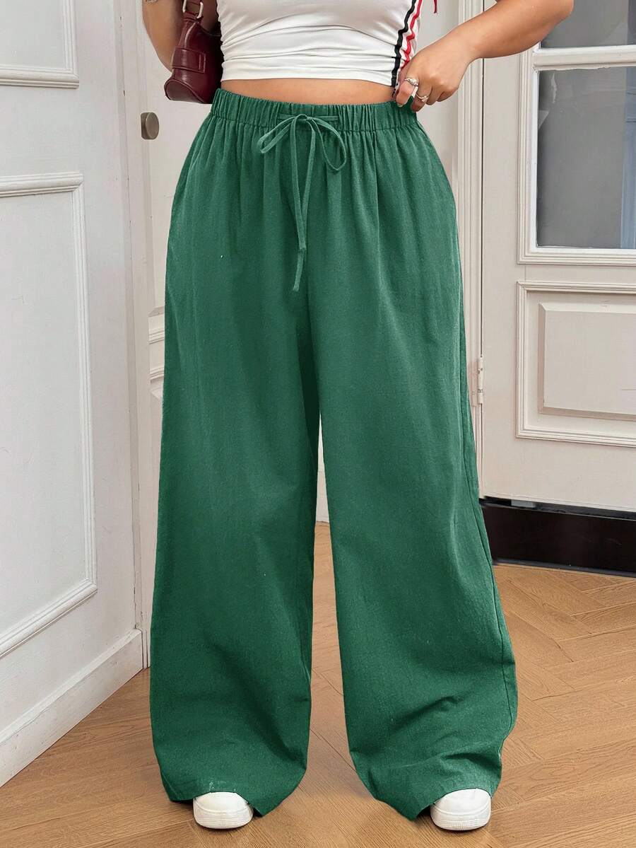 SHEIN EZwear 大码休闲纯色阔腿棉裤 - 綠色 - 查看 1