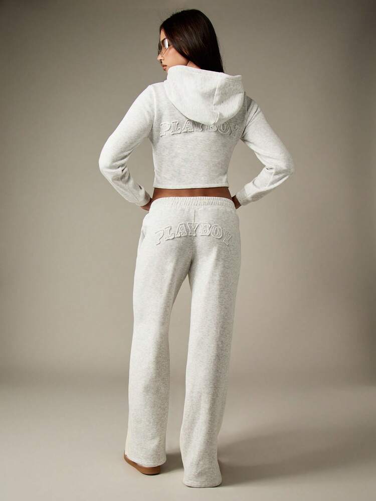Missguided x Playboy Signature Two Piece Lounge Set Corset Style Crop Zip Hoodie Wide Leg Split Hem Sweatpants Winter Fall Collection Cozy Comfort Wear