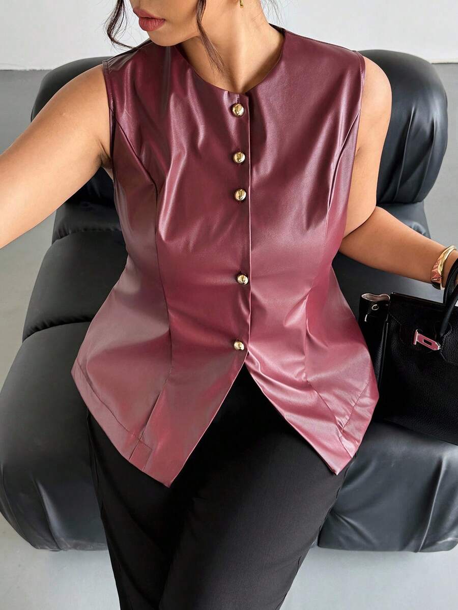 Firerie Áo vest nữ thanh lịch màu đỏ có nút kim loại, trang trí kim loại, áo khoác mỏng mới mùa hè kiểu Pháp - Đỏ - Xem 1