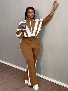 Slaydiva Plus Size Women Striped Batwing Sleeve Jacket And Pants Casual 2 Pieces Set - Brown - View 5