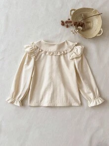 SHEIN 1 件年轻女孩长袖衬衫，彼得潘领，泡泡袖，纽扣，草莓刺绣，优雅可爱，适合日常穿着或分层穿着，春秋新品 - 杏色 - 查看 2