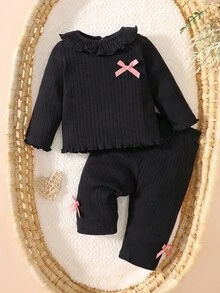 SHEIN Set Atasan dan Celana Lengan Panjang Leher Bulat Katun Lembut untuk Bayi Baru Lahir, Nyaman dan Ramah Kulit, Musim Gugur/Musim Dingin - Hitam - View 2