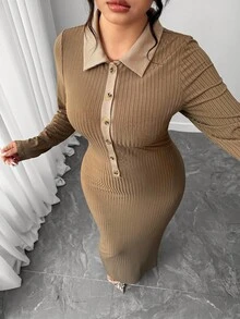 Elenzga 大码女式翻领修身弹力面料棕色休闲连衣裙 - 棕色 - 查看 7