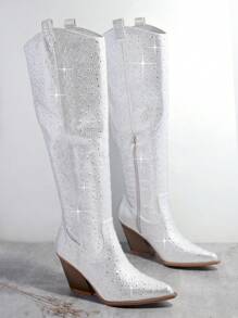 SHUZIA Rhinestone Side Zipper Western Boots Cowboy Boots - Silver - View 2