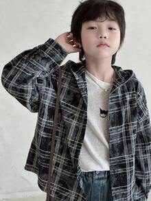 DAZY Tween Boys' Casual Plaid Loose Fit Shirt, Street Style For Autumn Hoodie - Navy Blue - View 6