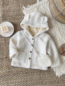 SHEIN 女婴休闲纯色连帽夹克，秋冬 - 杏色 - 查看 1