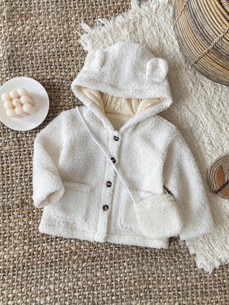 SHEIN 女婴休闲纯色连帽夹克，秋冬 - 杏色 - 查看 1