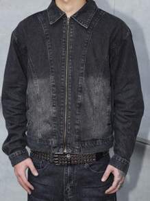 Manfinity EMRG 男士黑色牛仔两件套，拉链牛仔夹克和宽松阔腿裤，秋冬男士阔腿黑色牛仔裤 - 黑色 - 查看 8