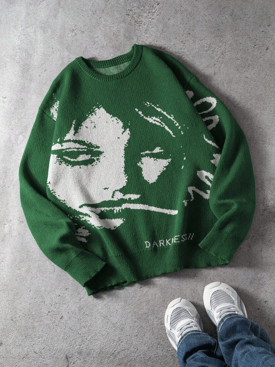 Manfinity EMRG 男士休闲字母和图案印花圆领长袖宽松针织毛衣，秋季 - 軍綠色 - 查看 1