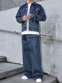 Manfinity EMRG Men's Blue Denim Set, Loose Fit Jacket And Wide Leg Jeans, Street Style, Autumn/Winter Men Wide Leg Jeans Boyfriend & Husband Regular Washed For Loose Wide Leg