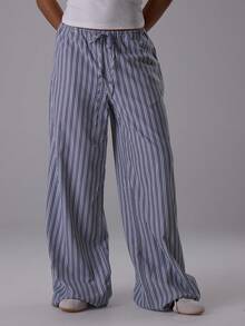 MUSERA Pantalones anchos con cordón a rayas, estilo de vacaciones de verano casual y elegante, pantalones de lino para playa, atuendo colectivo de oficina para mujeres - Negro - Ver 3