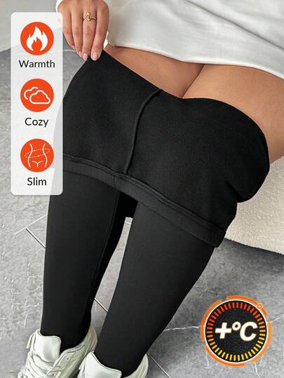 SHEIN CURVE+ 大码女式纯色弹性腰部休闲保暖内衬紧身裤