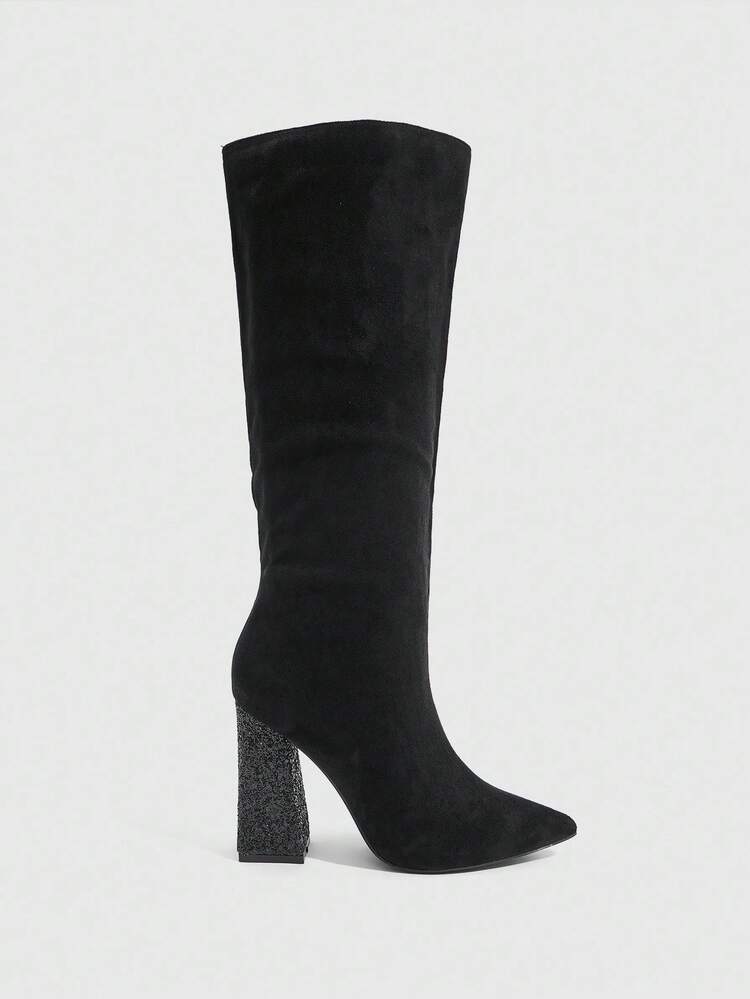 CUCCOO SZL Women's Fashion Black Pointed Toe Chunky Heel Glitter Knee-High Boots, Suitable For Commuting, Dates, Parties, And Formal Events