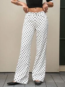 Jeanoix 女式波点图案口袋喇叭裤休闲百搭牛仔裤 - 白色 - 查看 4