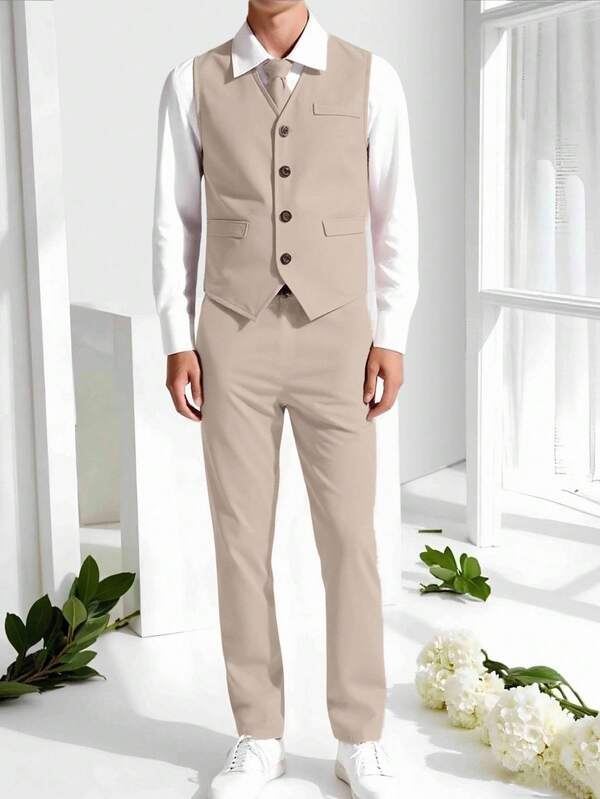 SHEIN Tween Jungen Gentleman 2 Stücke Set: Weste mit Knopfleiste + Hose, ohne Hemd und Zubehör, formelle Garderobe für Geburtstagsfeiern, Abendveranstaltungen, Hochzeiten, Taufen, 1. Geburtstag, Hochzeit (Hochzeit, Hochzeitsgast, Pageboy, Ringträger)