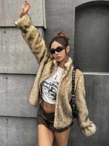 SHEIN ICON 秋冬欧美辣妹休闲开襟仿皮草大衣 - 彩色 - 查看 3