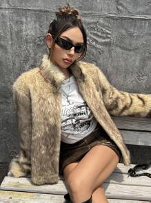 SHEIN ICON 秋冬欧美辣妹休闲开襟仿皮草大衣 - 彩色 - 查看 5