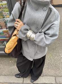 Siren Gaze 女纯色落肩长袖双排扣休闲大衣女双扣休闲羊毛混纺外套秋冬高腰宽袖外套