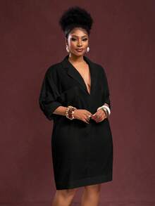 Slaydiva Vestido camisero de unicolor versátil y casual de talla grande - Negro - Ver 3