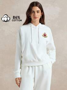 Briarwyn Damen Kapuzenpullover mit Buchstabenstickerei und langen Ärmeln und Kordelzug, Drop-Shoulder - Weiss - Übersicht 5