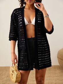 EURMUSE Drop Shoulder Open Knit Duster Cardigan - Black - View 1