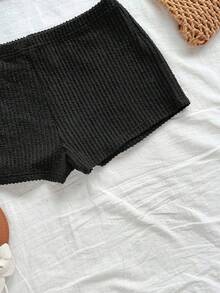 Soleia 2 piezas Conjunto de top sin mangas y shorts con decoración de flor de metal para mujer, conjunto de dos piezas acanalado, conjunto de dos piezas de shorts, conjunto de dos piezas de un hombro, conjunto de dos piezas de cintura alta - Negro - Ver 8