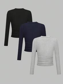 Hanevo Solid Color Pleated Ribbed Slim Fit Casual Long Sleeve T-Shirt Fall Cloth For Women - Multicolor - View 2