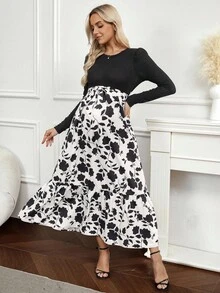 SHEIN Printed Long Slim Fit Casual Long Sleeve Round Neck Maternity Dress - Black - View 2