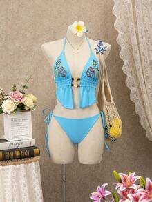 Bonvoyette 2025 Summer New Women 2pcs Swimsuit Beach Vacation Bikini Set, Spaghetti Strap Backless Slimming - Blue - View 4