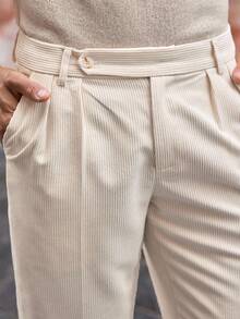 Manfinity VCAY Calça de Terno Casual Masculina de Veludo Canelado, Cintura Média, Ajuste Afunilado, Old Money - Branco - Visão 5