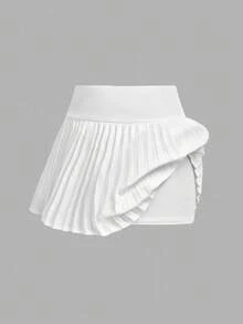 Girlism 青少年女孩运动紧身裤，带褶裙罩层，白色褶裙 - 白色 - 查看 5